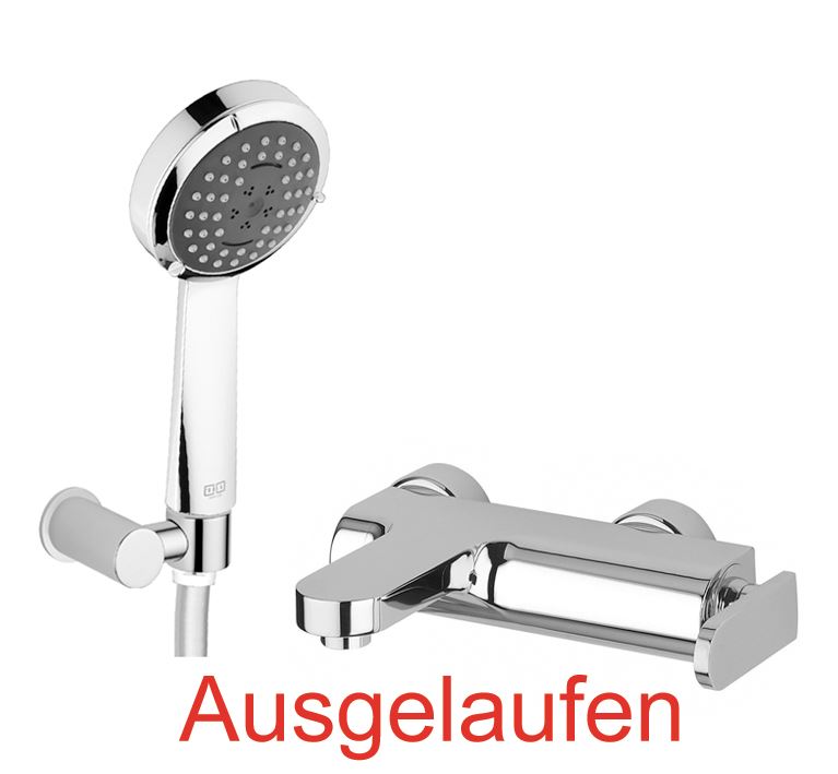 DIBL'logo Einhebel-Wannenbatterie zur Aufputzmontage, mit Dreistrahl-Antikalk-Handbrause, mit rundem Messing-Wandbrausehalter und Metalleffekt-Brauseschlauch