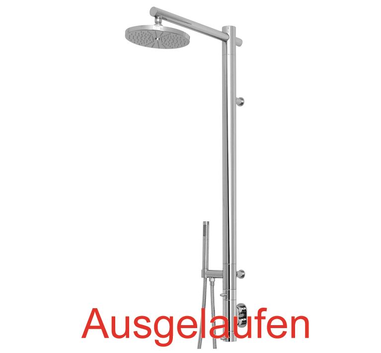 DIBL'fit Aufputz-Duschsäule zur Wandmontage mit Thermostatmischer-Einheit, mit Mehr-Wege-Ventil-Einheit, mit flacher, runder Messing-Antikalk-Regenkopfbrause Durchmesser 200 mm, mit Messing-Brausehalter mit integriertem Unterputz-Wasseranschluss, mit rund