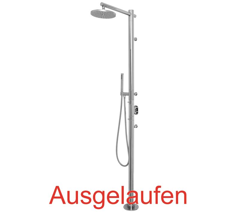 DIBL'fit Aufputz-Duschsäule zur Bodenmontage mit Thermostatmischer-Einheit, mit Mehr-Wege-Ventil-Einheit, mit flacher, runder Messing-Antikalk-Regenkopfbrause Durchmesser 200 mm, mit Messing-Brausehalter mit integriertem Unterputz-Wasseranschluss, mit run