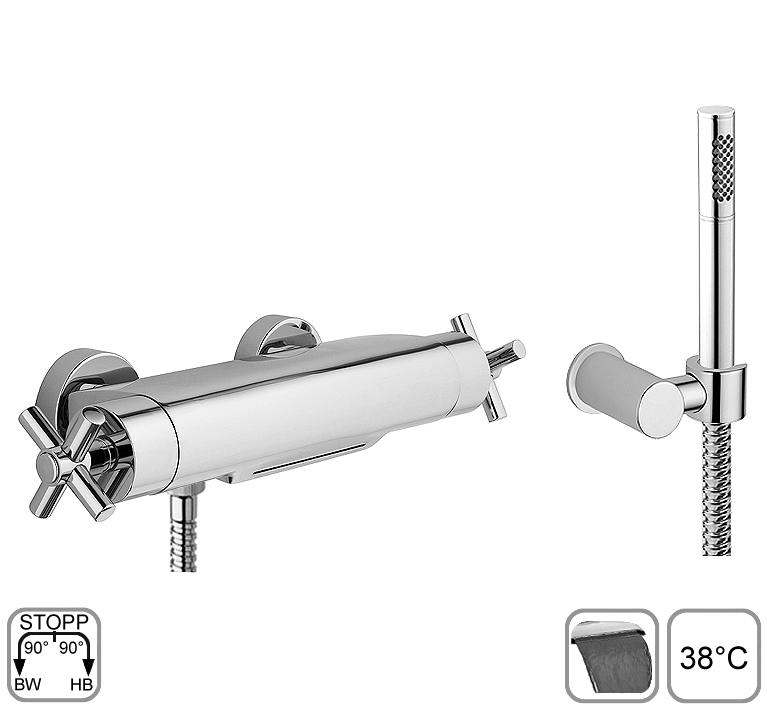 DIBL'extra Thermostat-Wannenbatterie zur Aufputzmontage, mit Cascadenauslauf, mit Messing-Brauseset