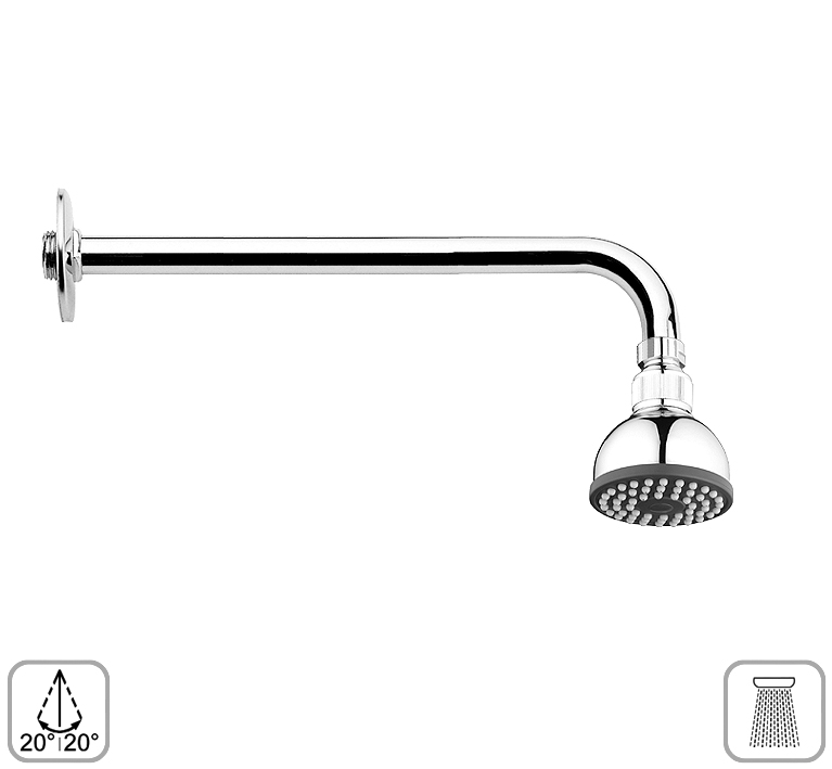 DIBL'fit Kunststoff-Einstrahl-Antikalk-Kopfbrause Ø 71 mm x 52 mm, mit 90°-Messing-Wandanschlussarm Ø 18 mm x 400 mm mit ½" AG x ½" AG