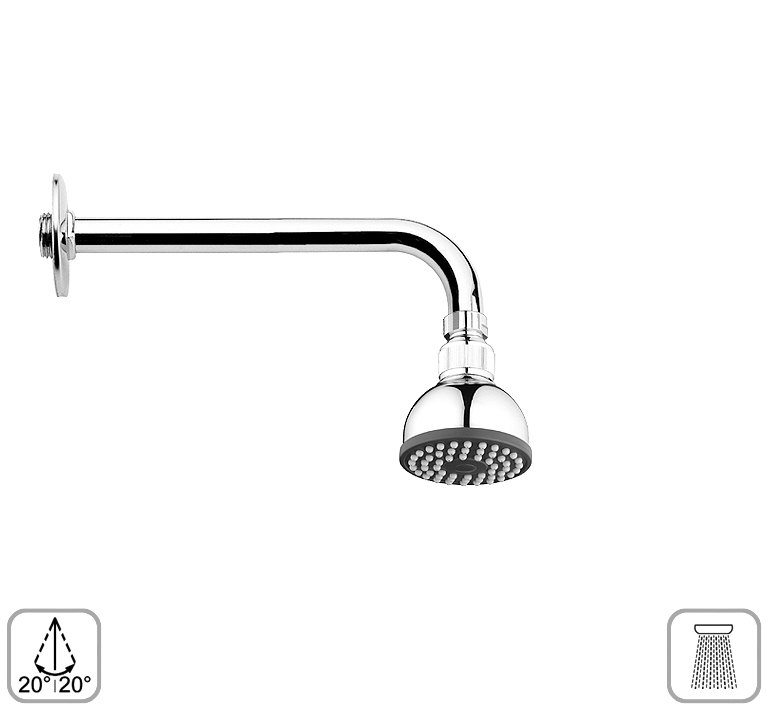 DIBL'fit Kunststoff-Einstrahl-Antikalk-Kopfbrause Ø 71 mm x 52 mm, mit 90°-Messing-Wandanschlussarm Ø 18 mm x 200 mm mit ½" AG x ½" AG