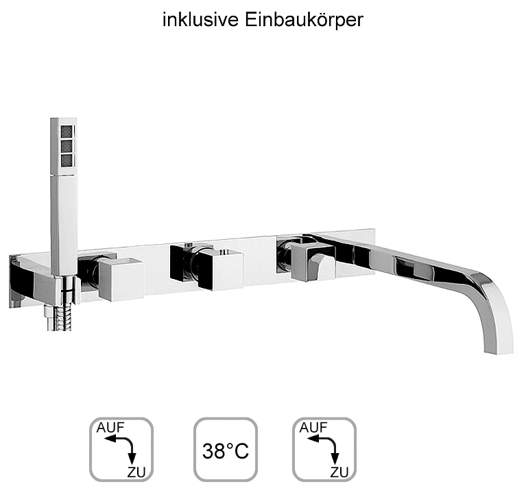 DIBL'quarda Thermostat-Badewannen-Einheit zur UP-Montage für zwei Abgangsanschlüsse zur zeitgleichen Nutzung, mit eckiger Stabhandbrause