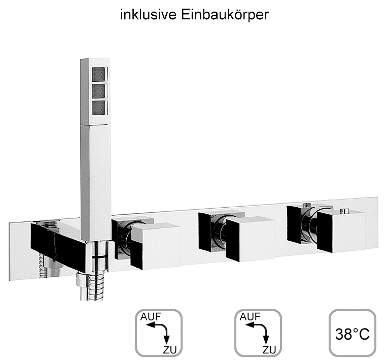 DIBL'quarda Thermostat-Einheit zur UP-Montage für zwei Abgangsanschlüsse zur zeitgleichen Nutzung, mit eckiger Stabhandbrause