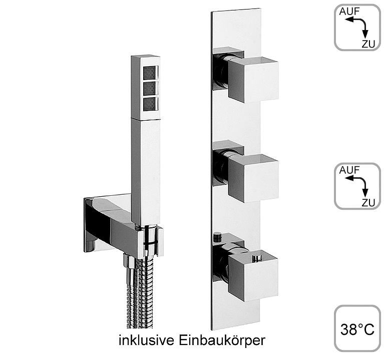 DIBL'quarda Thermostat-Einheit zur UP-Montage für zwei Abgangsanschlüsse zur zeitgleichen Nutzung, mit eckiger Stabhandbrause