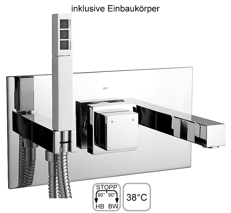 DIBL'quarda Thermostat-Badewannen-Einheit zur UP-Montage für zwei Abgabgsanschlüsse, mit eckiger Stabhandbrause 